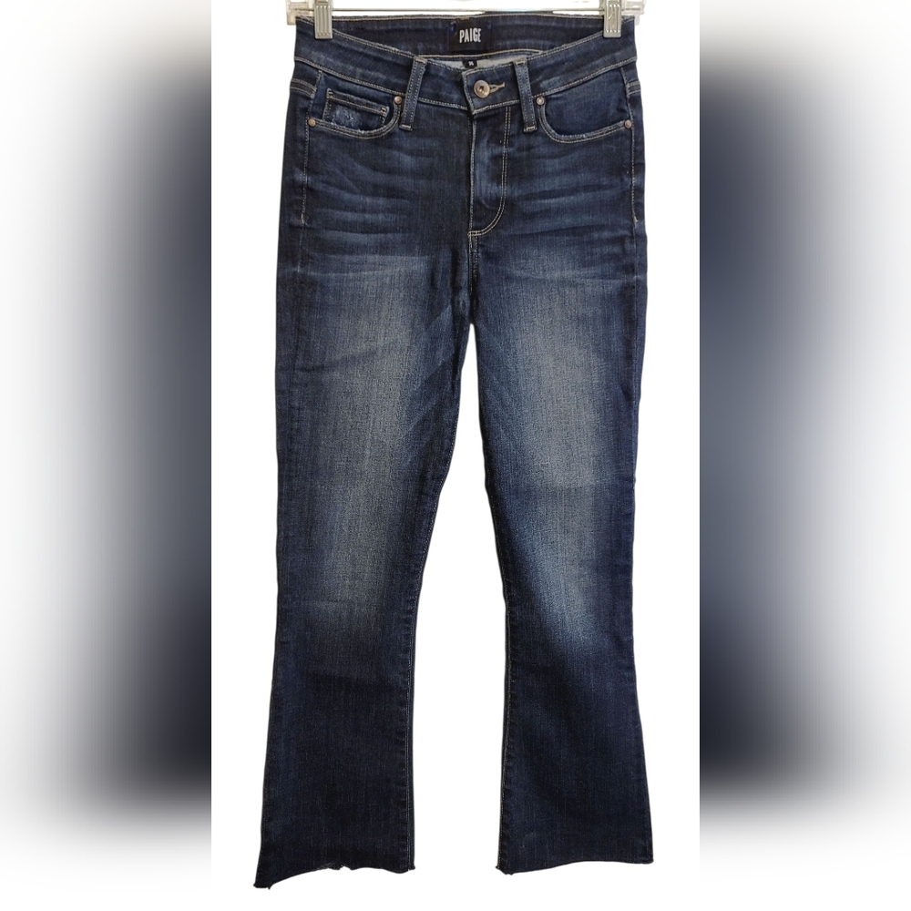 PAIGE Dark Blue High-Rise Raw-Hem Colette Crop Flare Jeans